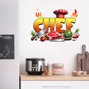 Waterproof kitchen wall sticker with chef hat and tools on white wall background