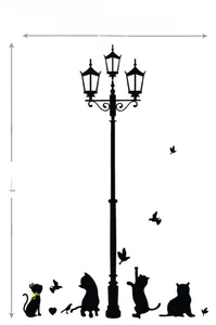 Cartoon black cat silhouette wall sticker with street lamp design dimensions 97x143cm
