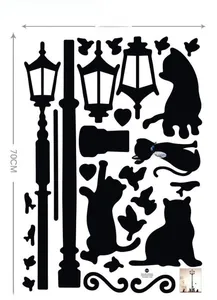 Detailed 50x70cm layout of black silhouette wall stickers with cats and street lamp