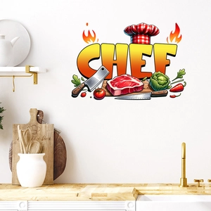 Detail of waterproof chef-themed wall sticker with knives and fresh ingredients