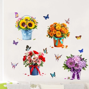 Waterproof sunflower butterfly wall decals with floral buckets for home living room decor