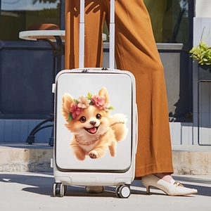Detail of white suitcase with cute dog print and pink floral crown design for travel