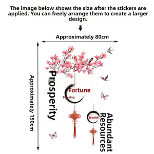 Detail view of Chinese New Year wall decals with peach blossoms, magpies and fù character