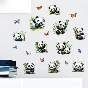 Cute cartoon panda wall stickers with bamboo and butterfly decals for room decoration