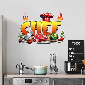 Artistic kitchen wall decal featuring chef hat, utensils, and fresh food pattern
