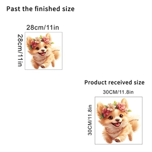 Size guide for cute cartoon puppy wall sticker showing sheet and finished display dimensions