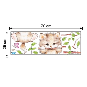 Detailed dimensions of hand-painted yellow cat wall decal set measuring 70 cm by 25 cm