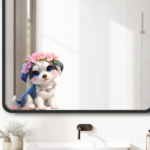Cute cartoon dog wall sticker with pink floral wreath on a bathroom mirror surface