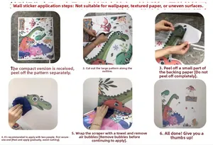 Detail showing the six-step installation guide for cartoon dinosaur wall stickers