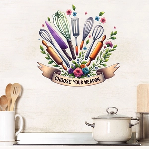 Kitchen wall decal featuring colorful utensils and Choose Your Weapon slogan design
