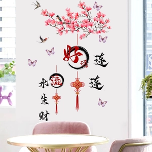 Chinese New Year wall decal showing pink plum blossoms, swallows, and fortune calligraphy