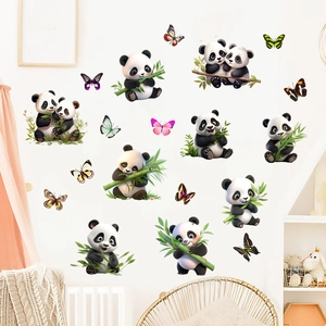 Detail of waterproof wall stickers featuring cartoon pandas and colorful butterflies