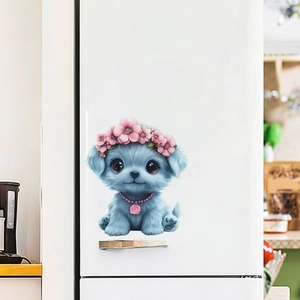Close-up of a cute blue puppy wall sticker applied on a white refrigerator door