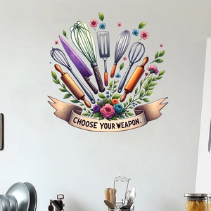 Kitchen wall decal featuring whisks and rolling pins with Choose Your Weapon text