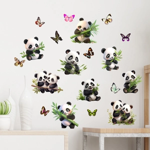 Cute cartoon panda and butterfly wall decals displayed on a clean white wall surface