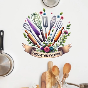 Macro detail of kitchen wall stickers with tools and Choose Your Weapon text