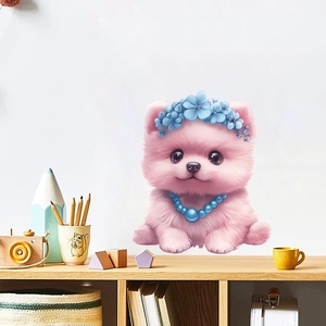 Close-up of cute 3D pink puppy wall sticker with blue floral wreath on a white wall