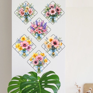 Set di 6 adesivi murali a forma di rombo con bouquet floreali e nastri blu decorati