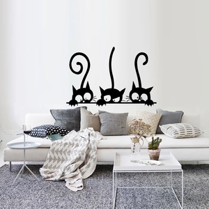 Three funny black cartoon cat wall stickers for a modern living room sofa background