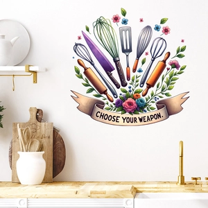Detail of kitchen wall decal with chef utensils and 'Choose Your Weapon' text design
