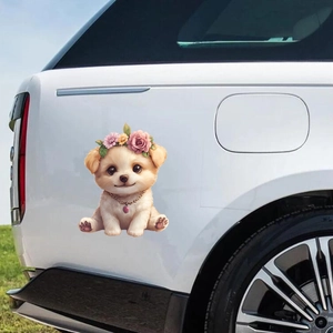 Detail of cute golden retriever puppy car sticker with flower crown on white vehicle