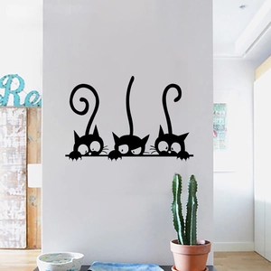 Three funny black cartoon cats peeking wall stickers for living room and bedroom decor