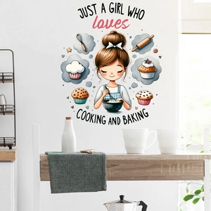 Detail view of cartoon girl baking wall sticker with Just a Girl Who Loves Cooking text