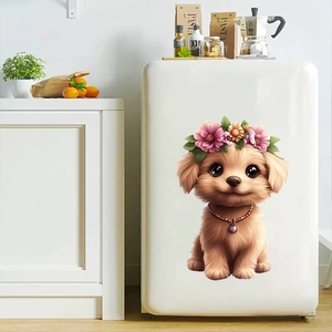 Close-up of cute cartoon puppy wall sticker with flower crown on a white refrigerator