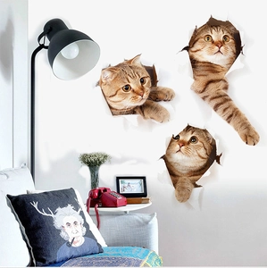 3D realistic tabby cats breaking through wall stickers for home living room decor