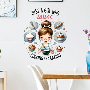 Cartoon girl wall decal for kitchen with cooking and baking slogan and cupcakes