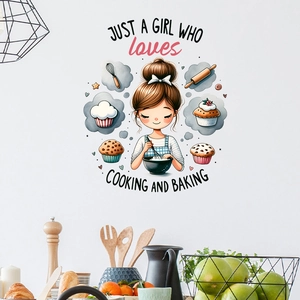 Detail showing a girl baking wall sticker with kitchen utensils for dining room decor