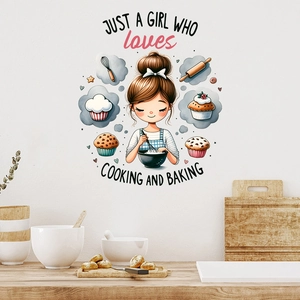 Kitchen wall decal featuring a cartoon girl baking with cute cupcakes and cooking utensils