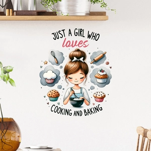 Detail of waterproof wall sticker featuring a girl cooking and baking with kitchen tools