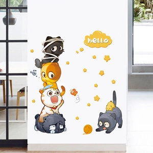 Cartoon cat wall stickers with playful kittens and butterflies for home decoration