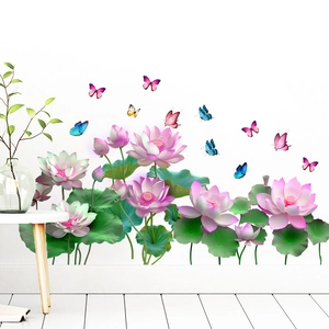 Stickers muraux imperméables avec fleurs de lotus et papillons colorés pour le salon