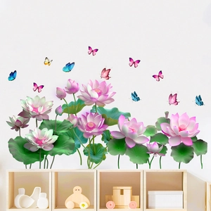Stickers Muraux Fleur de Lotus et Papillon Imperméable PVC Autocollant Décalcomanies pour Salon Chambre Décoration de la Maison
