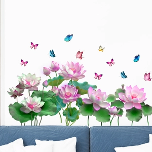 Stickers muraux auto-adhésifs étanches avec lotus roses et papillons multicolores
