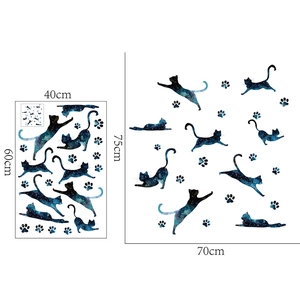 Detail view of cartoon cat wall stickers showing galaxy texture and layout dimensions