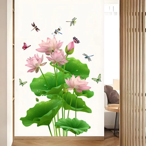 Waterproof wall decal with pink lotus flowers, green leaves, and colorful dragonflies