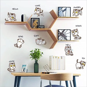 Cartoon grey striped cat wall stickers set with cute expressions for home wall decor