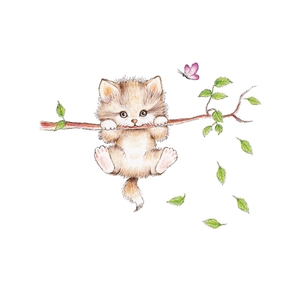 Hand-painted cat on branch wall sticker with pink butterfly and green leaves