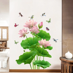 Waterproof self-adhesive wall stickers with pink lotus flowers, leaves, and butterflies