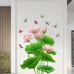 Close-up of waterproof wall stickers showing pink lotus flowers and colorful butterflies