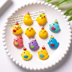 Set of 11 colorful cartoon resin chicken charms with metal rings for DIY jewelry crafts