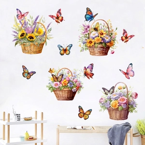 Detailliertes Wandtattoo Set mit vier Blumenkörben und bunten Schmetterlingen für Wände