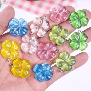 Transparent resin four-leaf clover flower charms with silver rings in various colors
