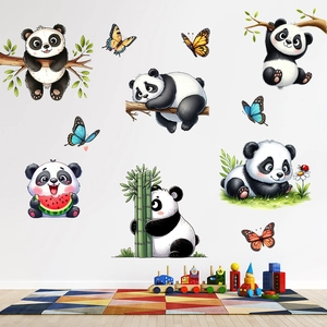 Detailed view of cute cartoon panda wall stickers with bamboo and butterfly accents