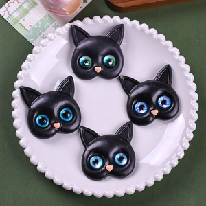 DIY black resin cat head charms with colorful glass eyes and heart shaped noses, 4 pieces