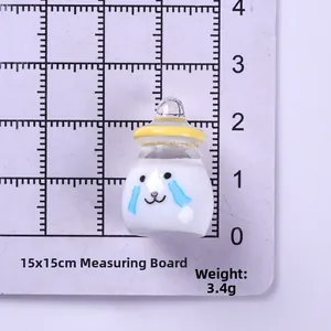 Miniature resin puppy yogurt bottle pendant with yellow cap and cute cartoon dog face print