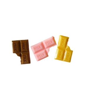 Chocolate bar resin charms in brown, pink, and yellow with MILK text for DIY crafts